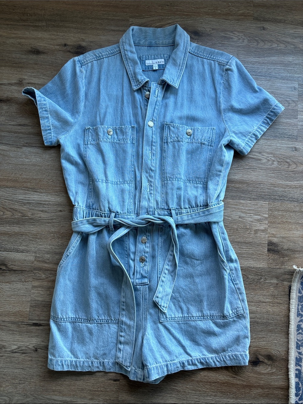 Loft Light Blue Denim Short-Sleeve Romper with Tie Waist